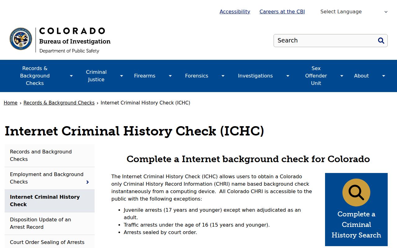 Colorado CBI Internet Criminal History Check program page