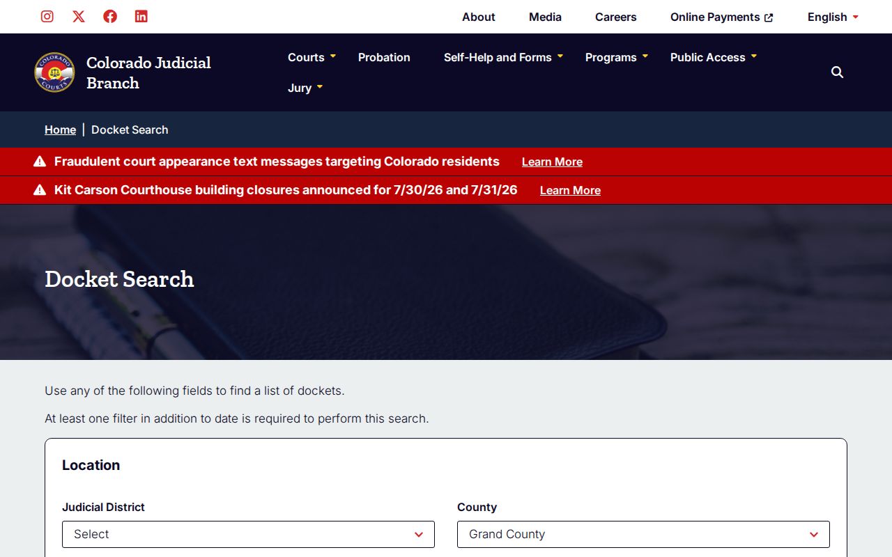 Colorado Judicial Branch docket search filtered for Grand County