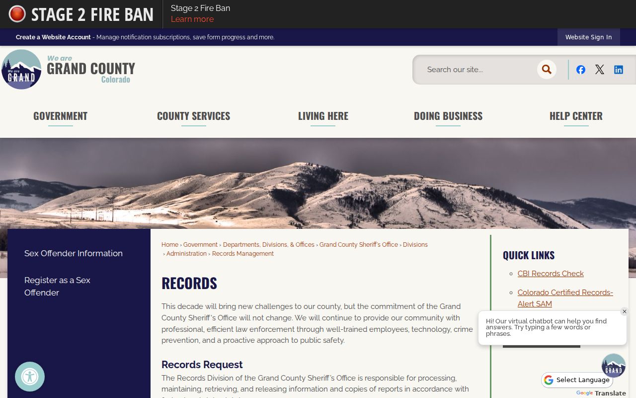 Grand County criminal records sheriff request instructions